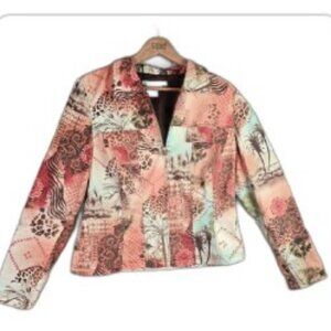 Maggy London Womens Jacket 12 Coral 100% Cotton Tropical Patchwork Zip Blazer